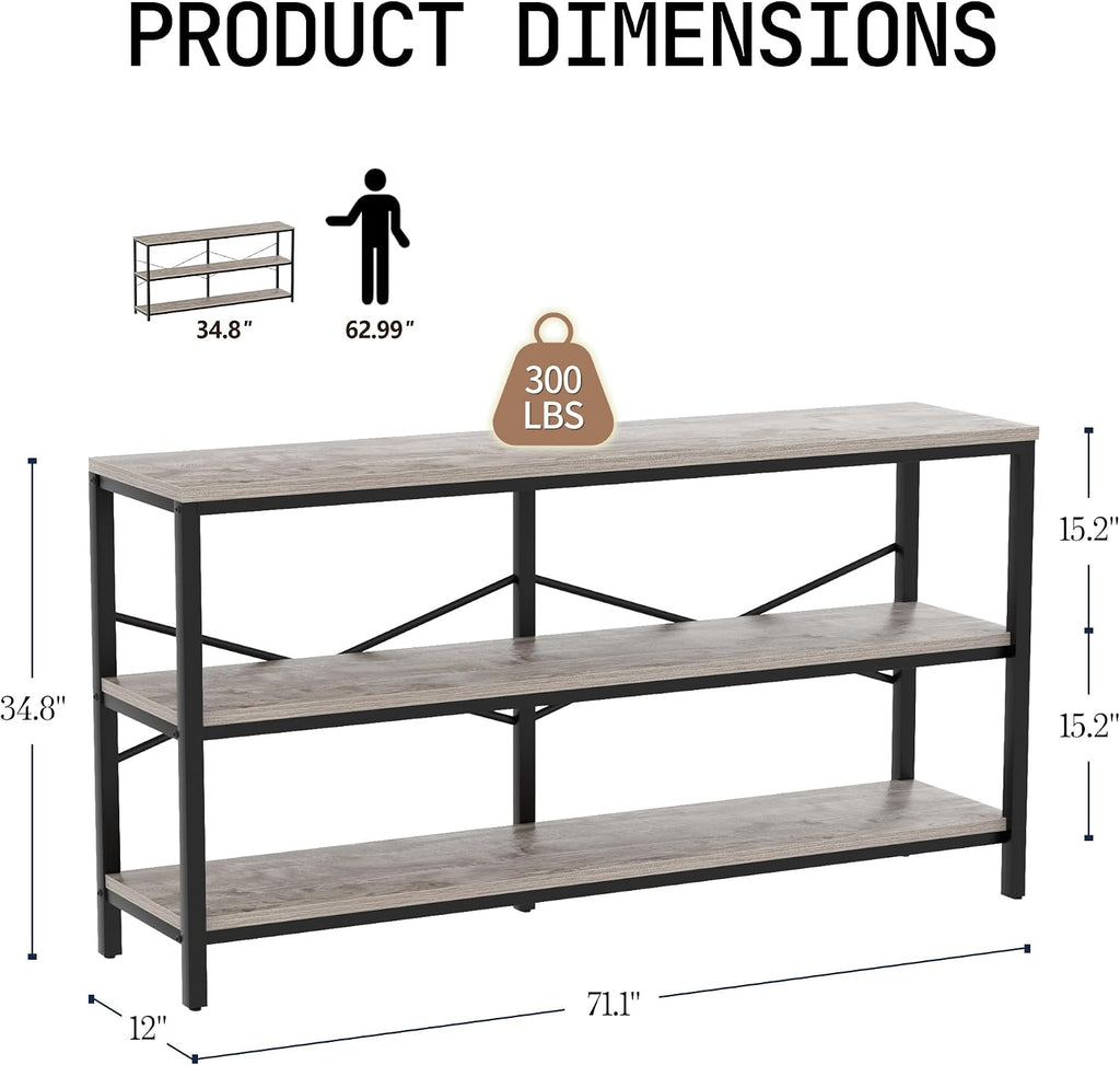 71 Inch Industrial Console Table Behind Couch, Extra Long Sofa Table with 3 Tier Wood Storage Shelves, TV Table with Metal Frame for Living Room, Foyer, Hallway (Oak Grey)