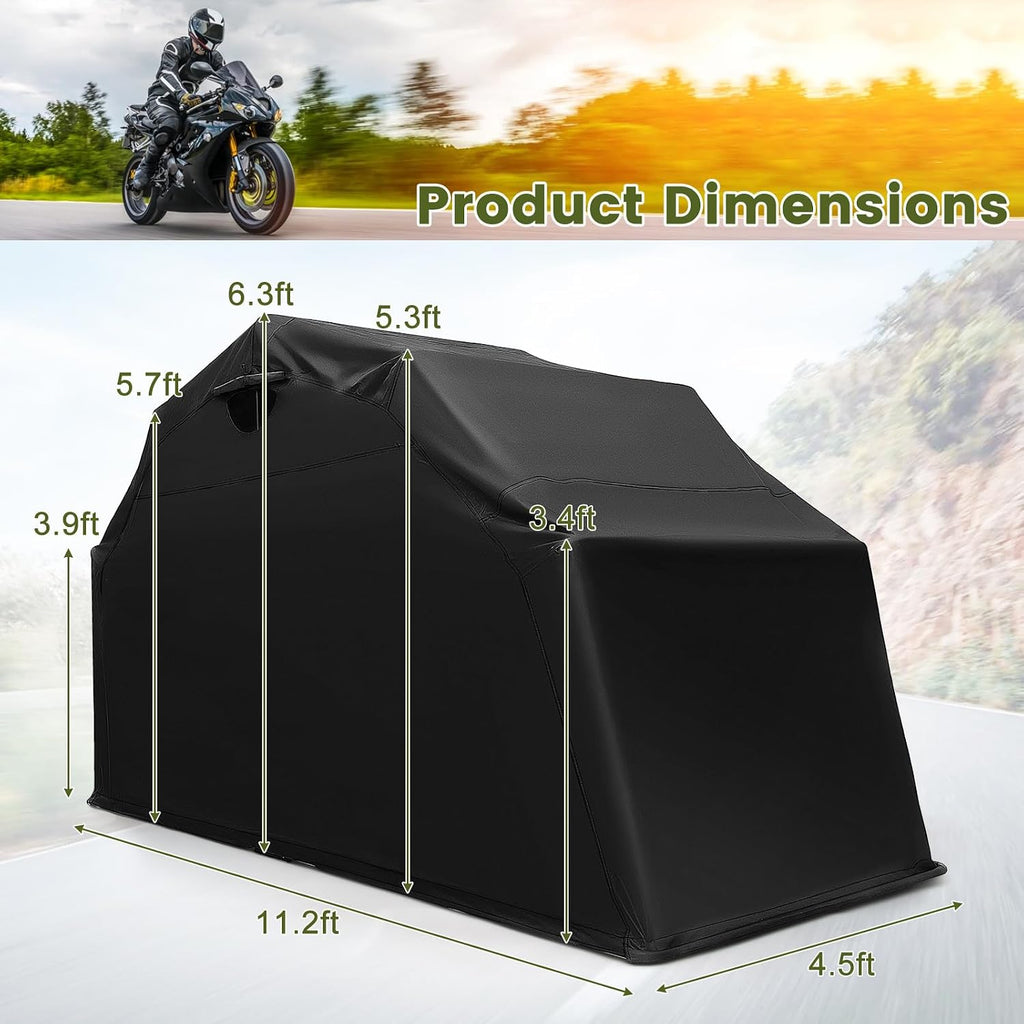 Goplus Motorcycle Shed, Outdoor Motorcycle Storage Shelter with 600D Oxford Fabric Waterproof Cover, 2 Roll-up Side Windows, Expansion Bolts, Heavy Duty Motor Cycle Tent, 136' x 54' x 75'