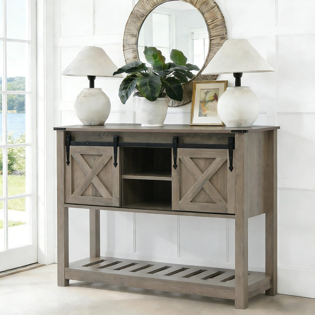 Farmhouse Entryway Table with Sliding Barn Doors, Wood Console Table with Storage Shelf, Rustic Sofa Table for Living Room, Entryway, Foyer, Grey