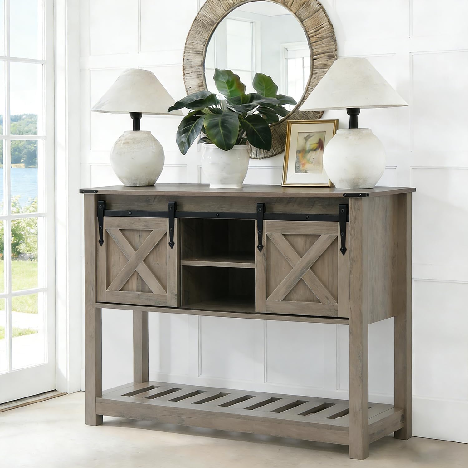 Farmhouse Entryway Table with Sliding Barn Doors, Wood Console Table with Storage Shelf, Rustic Sofa Table for Living Room, Entryway, Foyer, Grey
