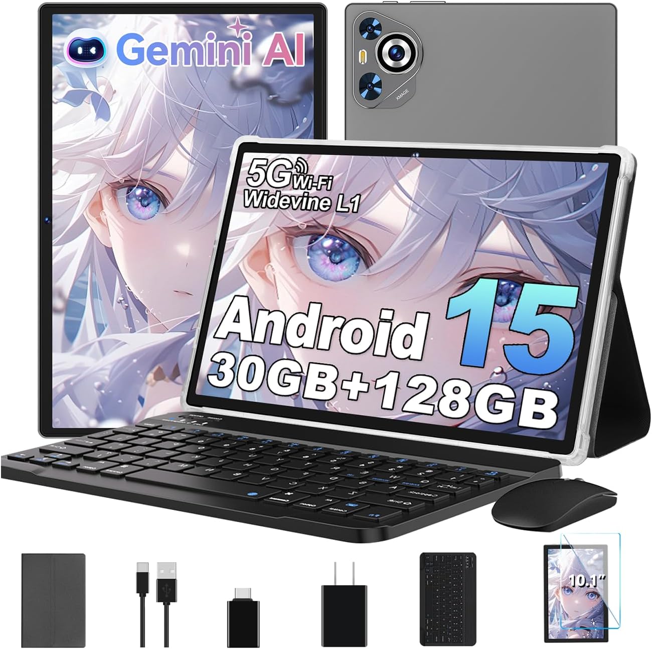 Android 15 Tablet, 30GB RAM + 128GB ROM 1TB TF, 2025 Tablet with Keyboard and Mouse, 10.1 inch Touchscreen, 8000mAh Battery, Incell Display, 2.0GHz, Gemini AI, 5G WiFi, BT 5.0, GPS- Metal Grey