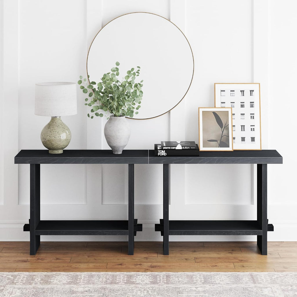 Nathan James Virgo Wood Accent Storage Console Sofa Table, for Entryway, Hallway or Living Room, Reclaimed Black Oak - Set of 2