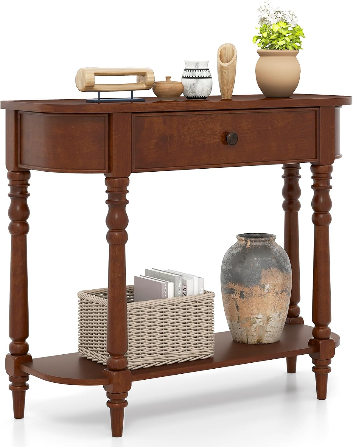 Giantex 2-Tier Console Table, 36' Retro Entryway Table with Storage Drawer & Elegant Legs, Narrow Wooden Sofa Table with Open Shelf for Living Room, Foyer, Hallway, Bedroom, Entrance (Brown)
