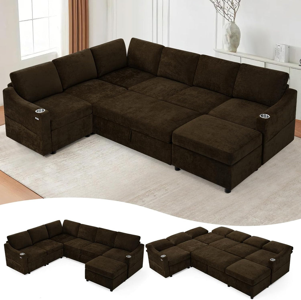 116' Chenille Modular Sofa Bed w/Adjustable Backrests, U-Shape Sleeper Sofa w/USB Ports & Storage Space, Convertible Corner Sectional Couch w/Pull Out Bed for House, Living Room, Brown