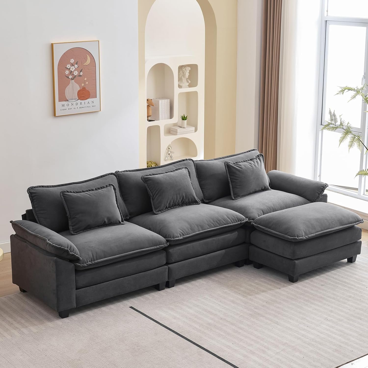 Oprisen 120' Modular Sectional Sofa, Comfy Cloud Couch Sectional Sofa with Ottoman, Velvet Sofa Sleeper Deep Seat Sofa with Throw Pillows for Living Room (Blue Gray, 120'- L Shape)