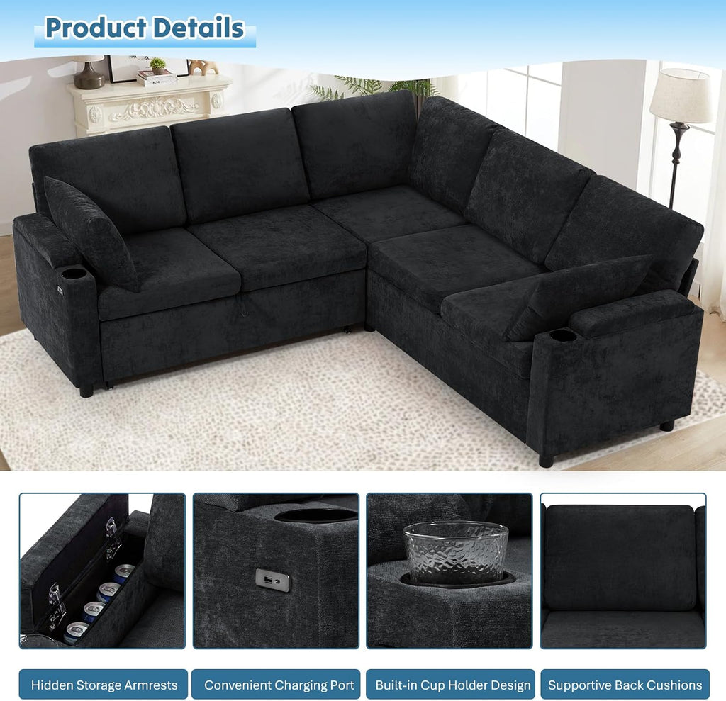 85' Chenille Reversible Sectional Sofa w/Pull Out Bed, Upholstery L Shaped Couch w/Storage Armrests & Cup Holders, Modern Corner Sofa w/USB Charging Port & Throw Pillow for Living Room, Black