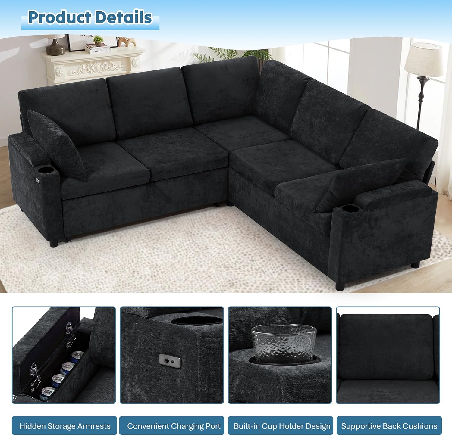 85' Chenille Reversible Sectional Sofa w/Pull Out Bed, Upholstery L Shaped Couch w/Storage Armrests & Cup Holders, Modern Corner Sofa w/USB Charging Port & Throw Pillow for Living Room, Black