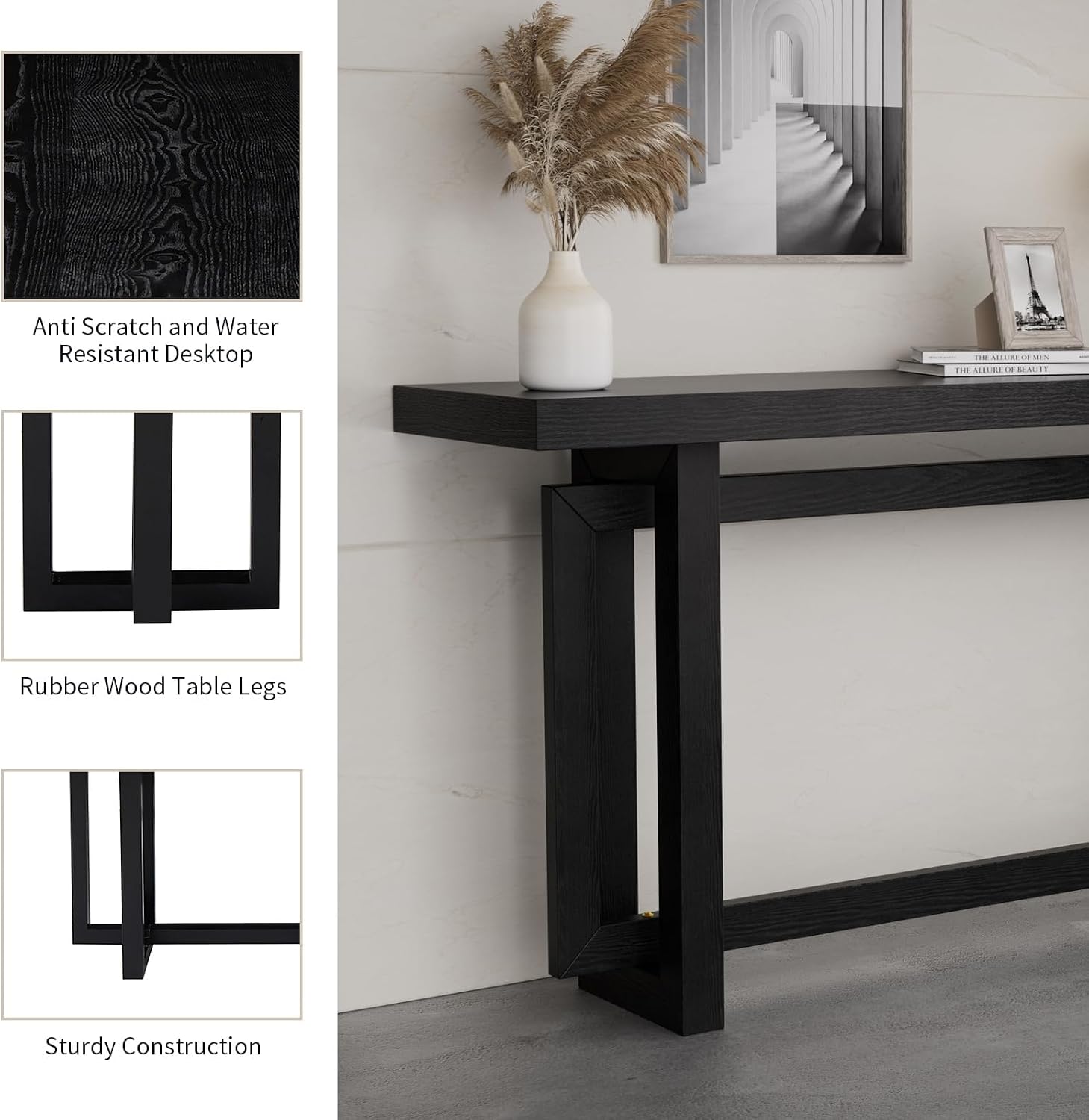LKTART 59.05-Inch Long Behind Couch Sofa Table for Living Room, Farmhouse Console Table with Storage, Narrow Accent Entryway Tables for Hallway Entrance Foyer (Black)