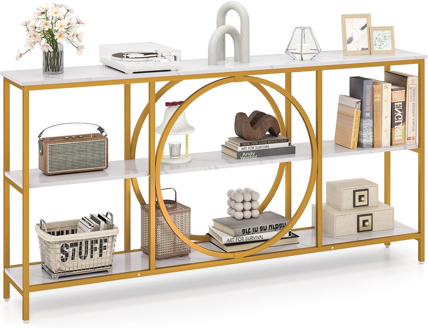 Giantex Narrow Long Console Table, 3-Tier Entryway Table with Faux Marble Top & Heavy-Duty Metal Frame, Mid-Century Accent Sofa Tables with Open Storage Shelves for Living Room, Hallway(White+Gold)