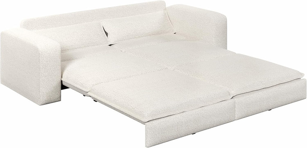 Convertible King Size Sofa Bed, 3 in 1 Teddy Sleeper Sofa Pull-Out Bed with Armrests, 3 Seater Couches with 2 Pillows, Sleeper Couch Reading Chairs for Living Room(Beige)
