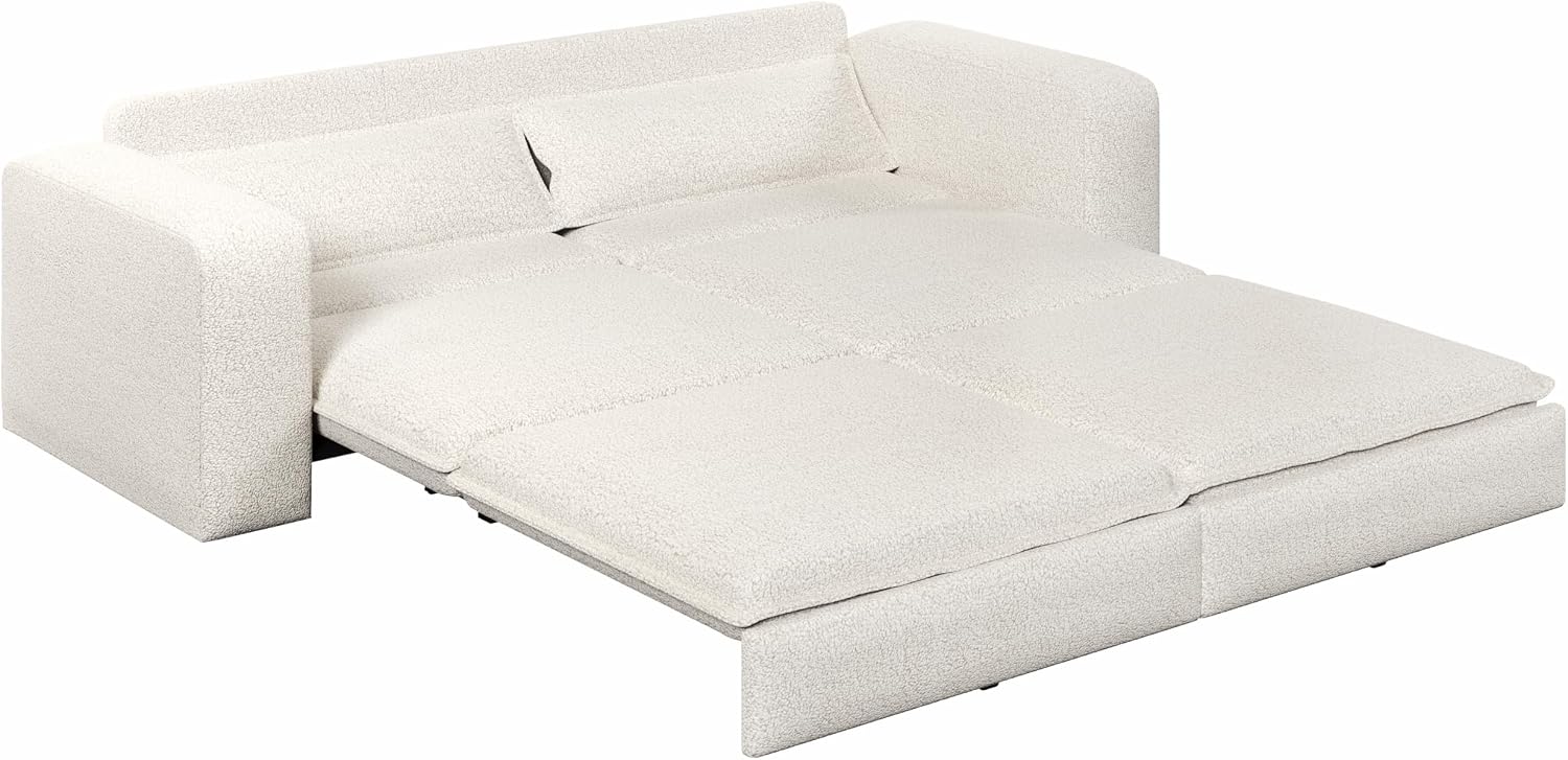 Convertible King Size Sofa Bed, 3 in 1 Teddy Sleeper Sofa Pull-Out Bed with Armrests, 3 Seater Couches with 2 Pillows, Sleeper Couch Reading Chairs for Living Room(Beige)