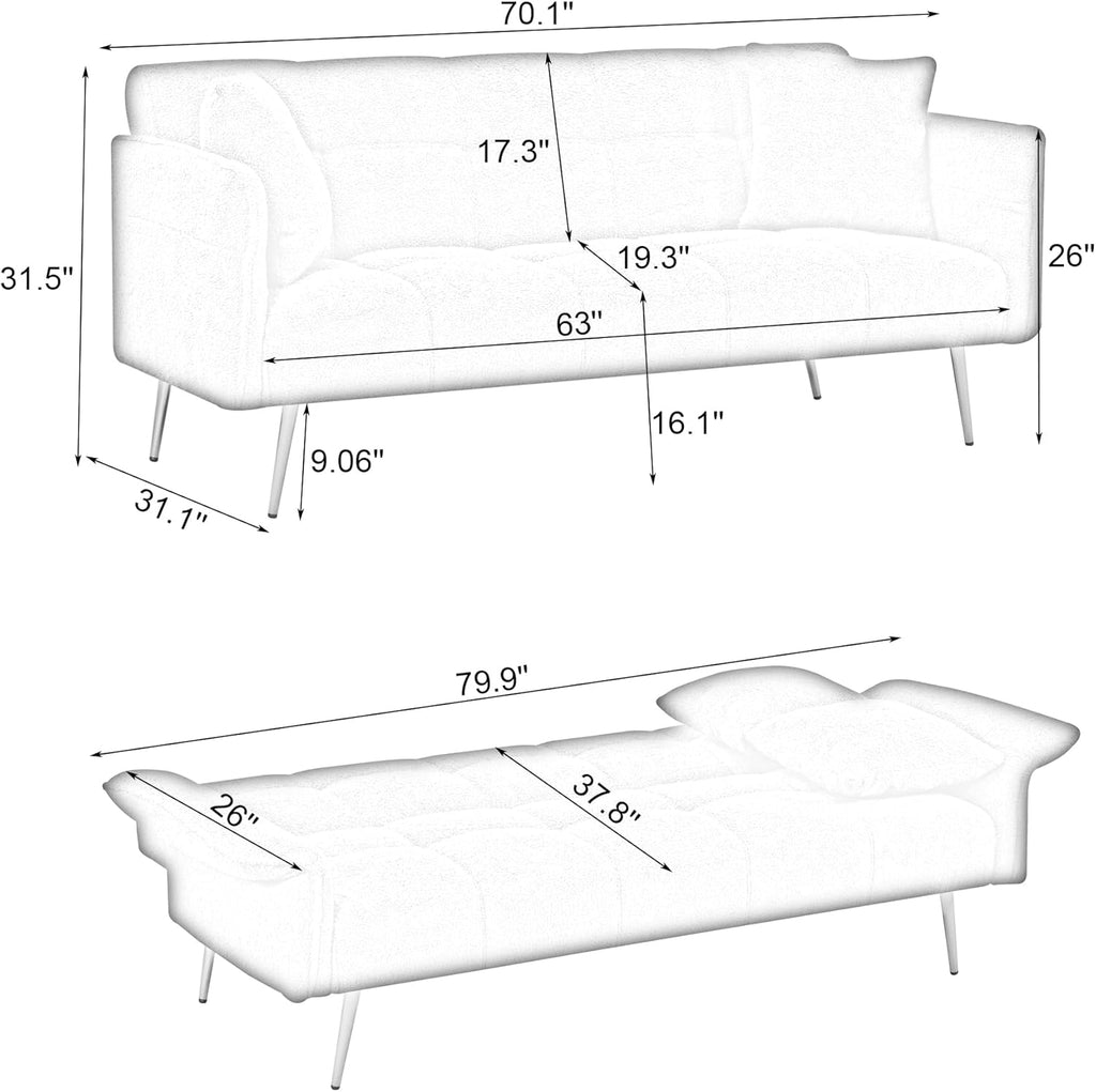 70 inch Upholstered Teddy Fleece Sofabed with Adjustable Arms and Backrest,Modern Convertible Futon Couch W/Metal Legs & Pillows,Love Sofa for Living Room,Bedroom,Apartment,Green, 70'