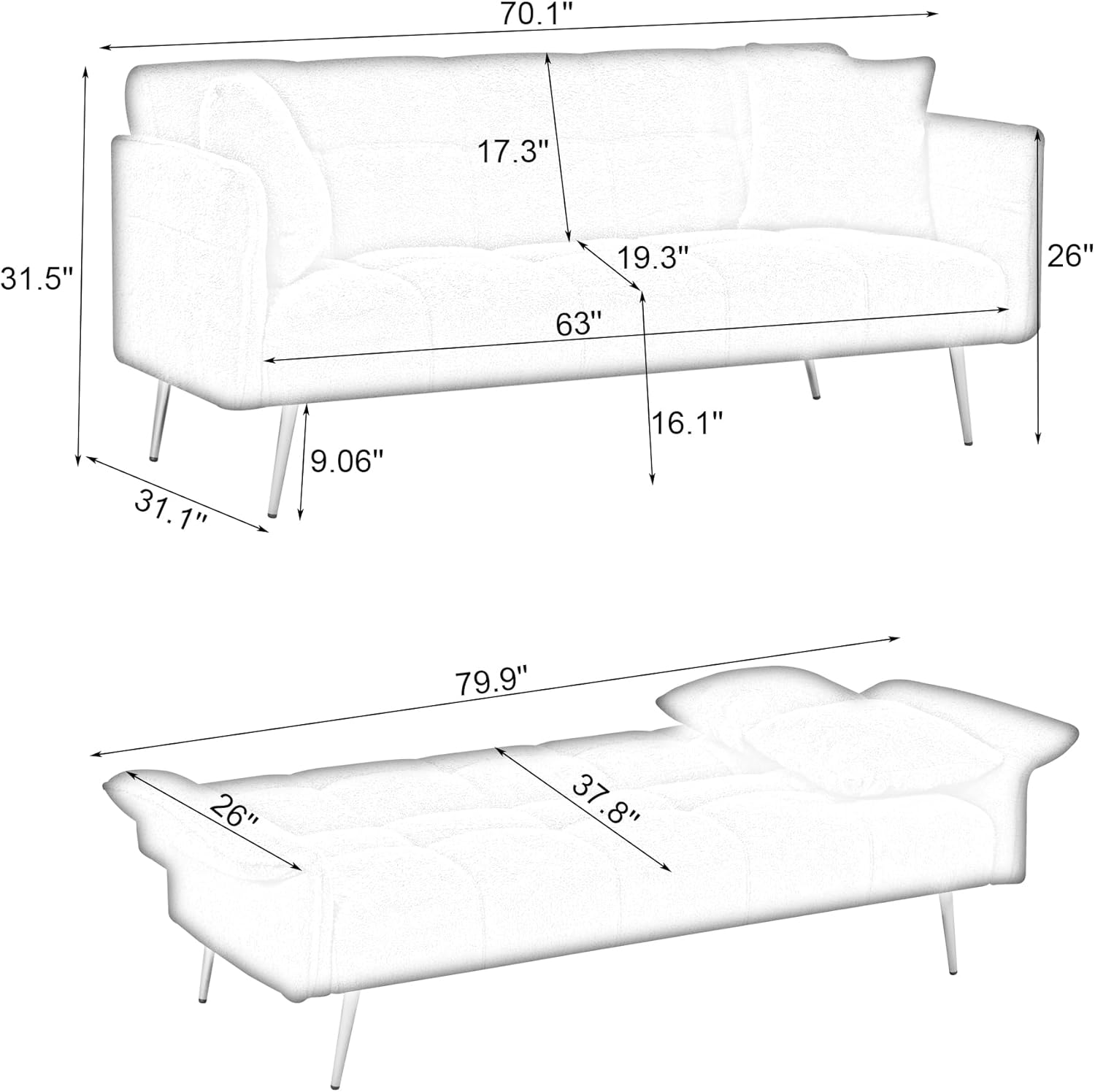 70 inch Upholstered Teddy Fleece Sofabed with Adjustable Arms and Backrest,Modern Convertible Futon Couch W/Metal Legs & Pillows,Love Sofa for Living Room,Bedroom,Apartment,Green, 70'