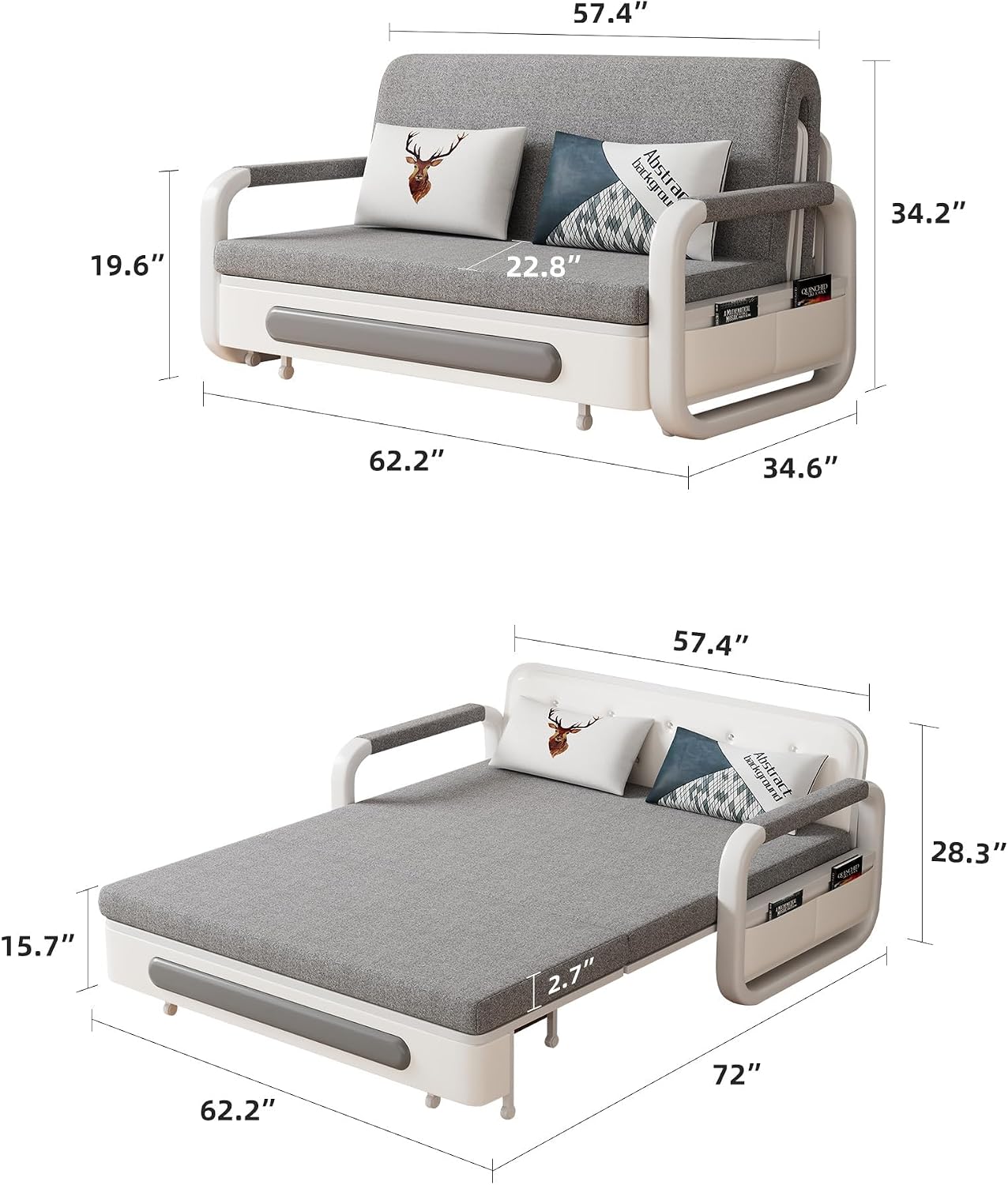 Pull-Out Sofa Daybed with Trundle - Versatile Futon Sleeper Couch for Living Room and Small Spaces (34.6' D x 62.2' W x 34.2' H) - Gray/White Sofa Bed