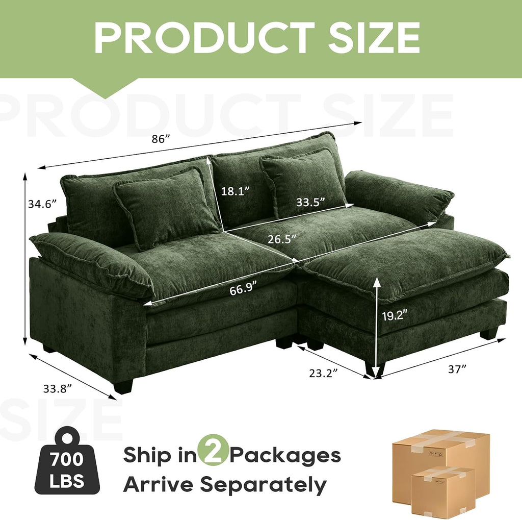 Oprisen 86' Modular Sectional Sofa, Comfy Cloud Couch Sectional Sofa with Ottoman, Chenille Sofa Sleeper Deep Seat Sofa with Throw Pillows for Living Room (Green, 86'- L Shape)