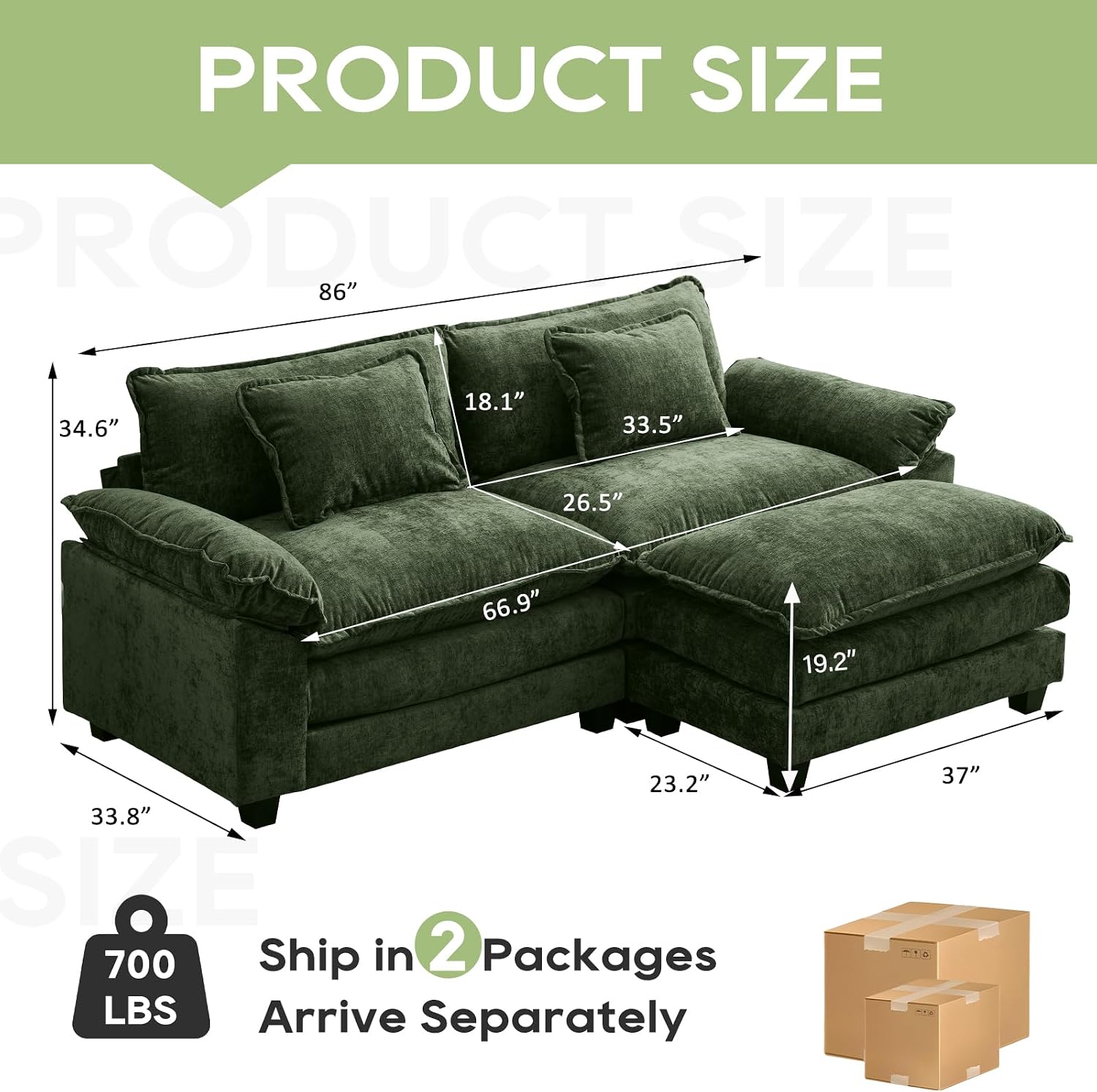 Oprisen 86' Modular Sectional Sofa, Comfy Cloud Couch Sectional Sofa with Ottoman, Chenille Sofa Sleeper Deep Seat Sofa with Throw Pillows for Living Room (Green, 86'- L Shape)