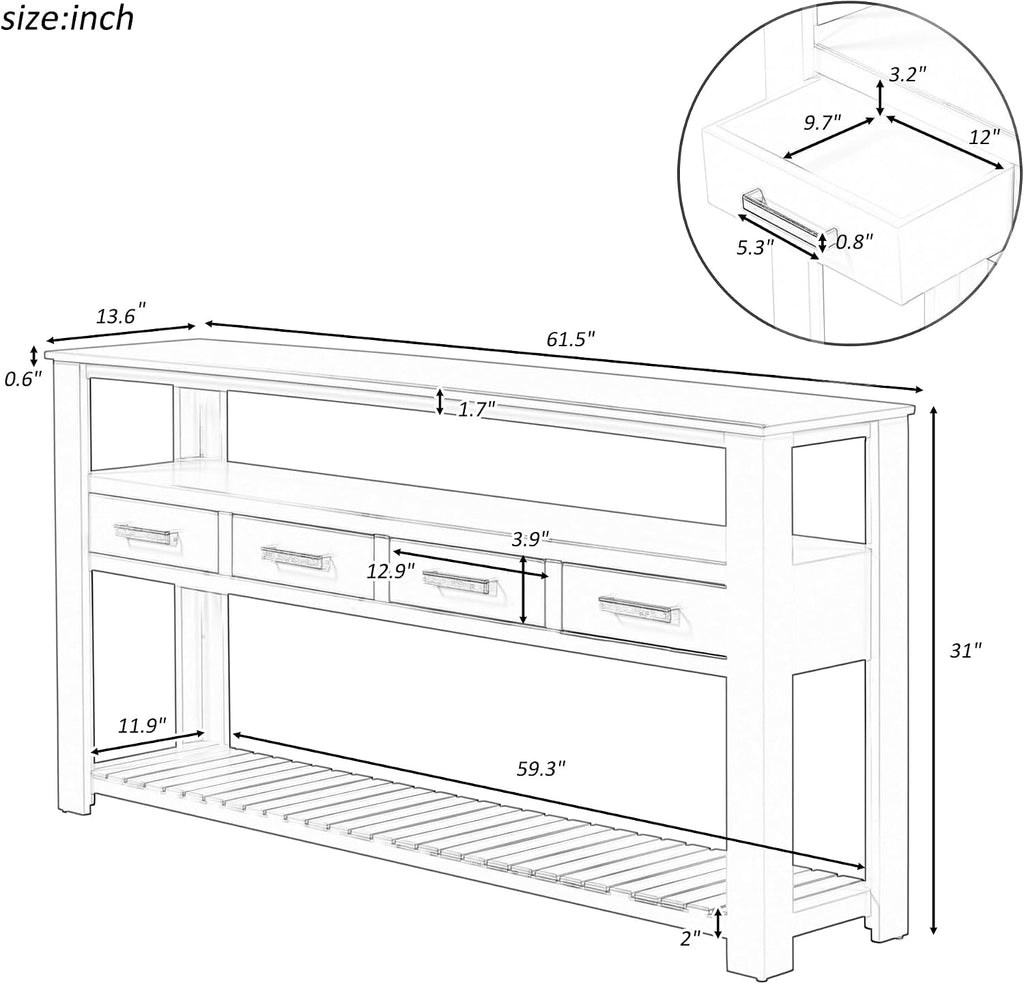 LKTART Console Table for Entryway with 4 Drawers,61.5'' Long Sofa Table with 3-Tier Open Shelves,Entry Table for Hallway,Foyer,Living Room,White