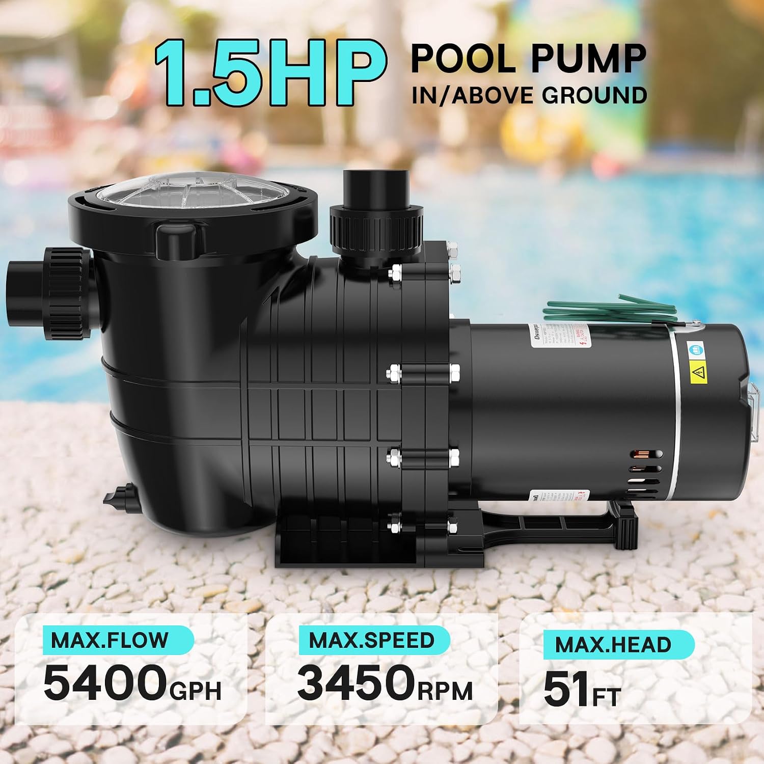 Pool Pump Above Ground/Inground, 1.5 HP 6600GPH Powerful Selfpriming Pool Pumps for 15,000-31,000 Gallons Pools, Dual Voltage Swimming Pool Pump with Strainer Basket & Drain Plug
