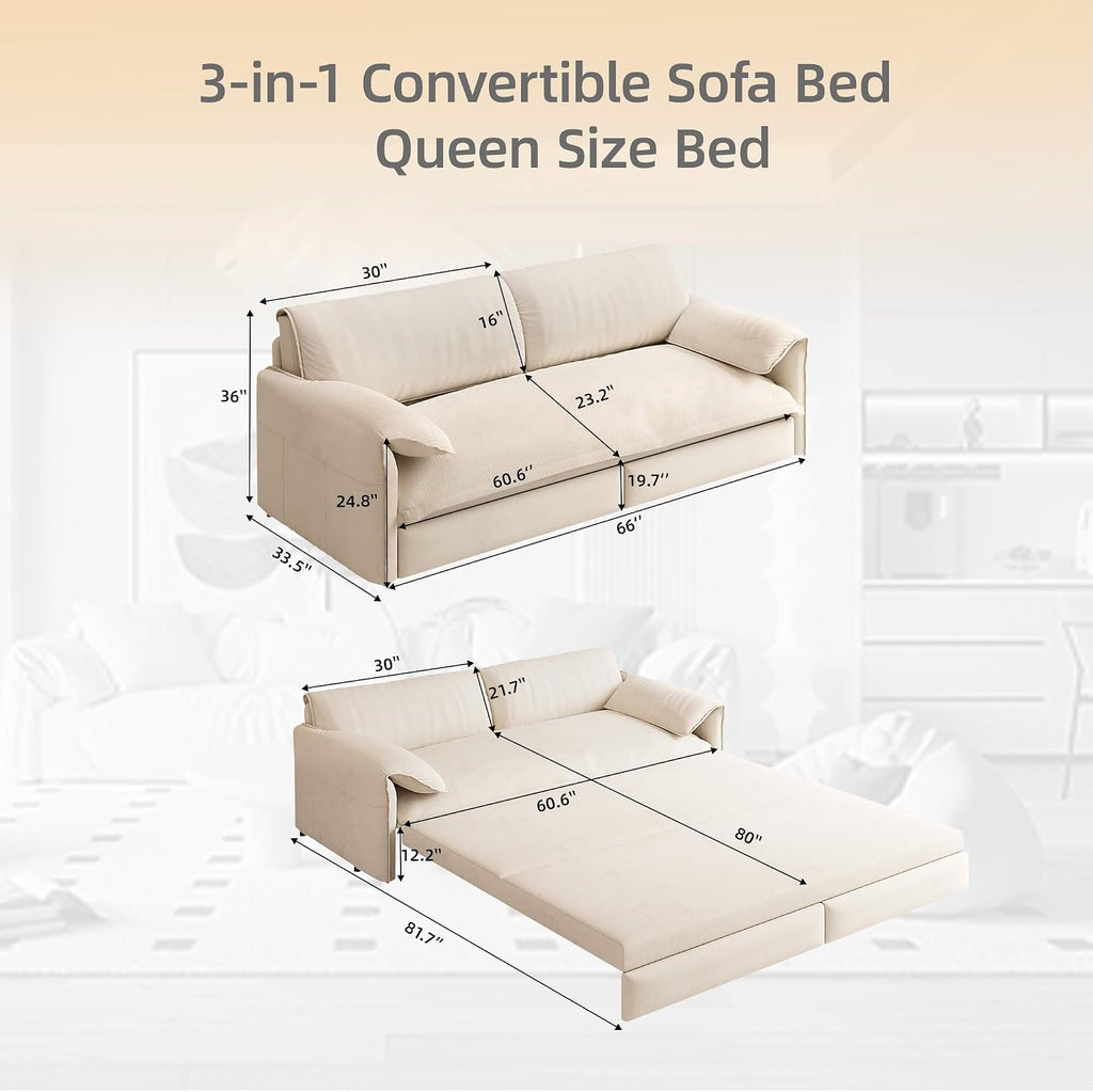 Casaphoria 66 Inch Pull Out Sleeper Sofa Beds, 3 in 1 Velvet Convertible Sofa Bed Couch, Loveseat Sofa Couch Bed with Side Pockets for Apartment, Bedroom, Living Room, Queen Size Beige