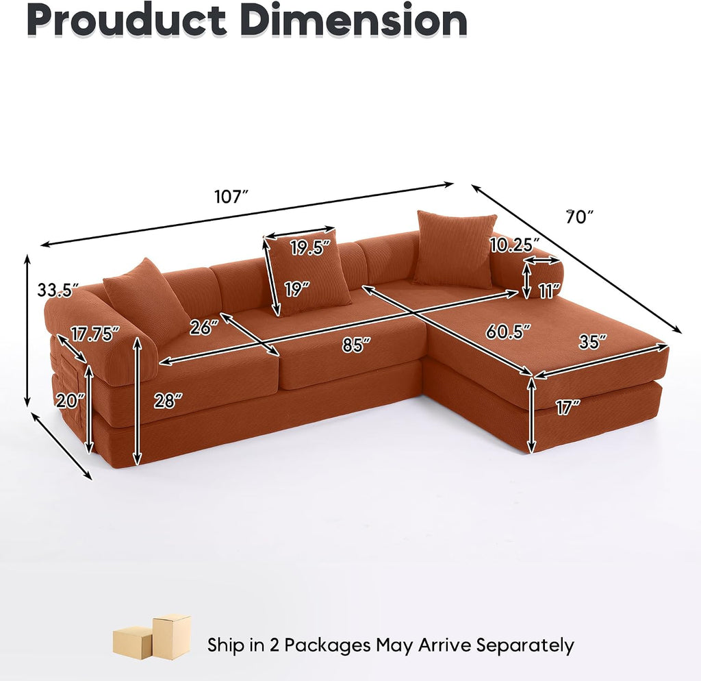 L Shaped Modular Sofa Bed with Cylindrical Pillow & Reversible Chaise, Corduroy Folding Floor Convertible Sofa Couch Bed with Fixed-Shape Frame & Storage Pocket for Living Room, Orange