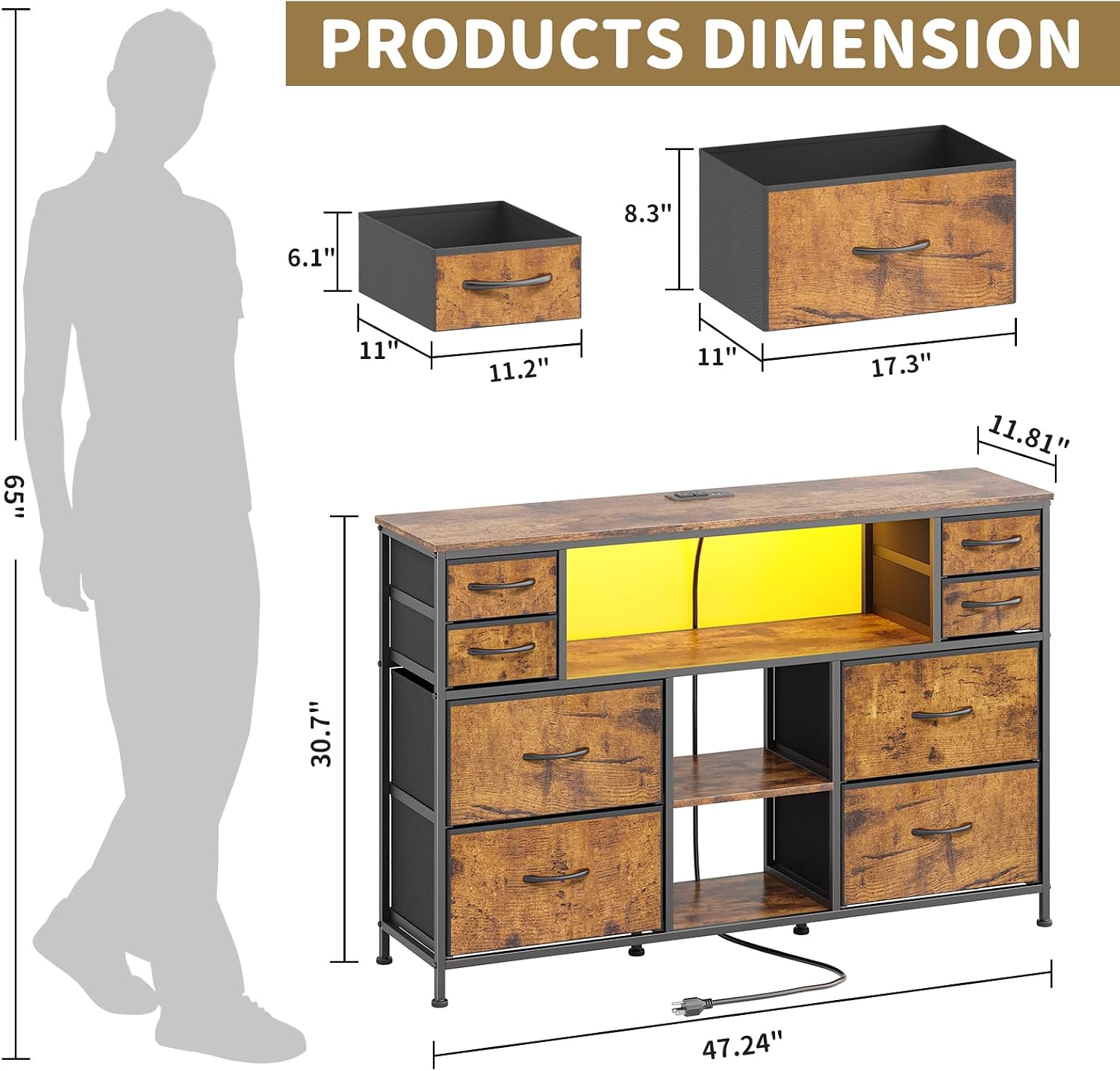 TV Stand Dresser Drawer for Bedroom - TV Stands for 45, 50, 55 inch TV - Entertainment Center Dressers with Charging Station, Drawers Dresser with Storage for Living Room, Nursery - Rustic Brown