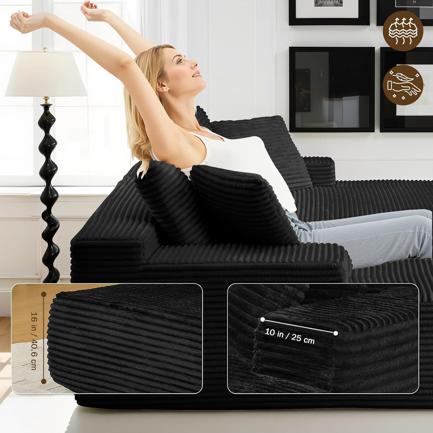 83' Oversized Double Chaise Lounge Indoor, Black Corduroy Chaise Lounge Chair, Upholstered Sleeper Sofa Bed, Deep Seat Sleeper Loveseat Reading Chairs, Boneless Cloud Couch for Living Room Bedroom