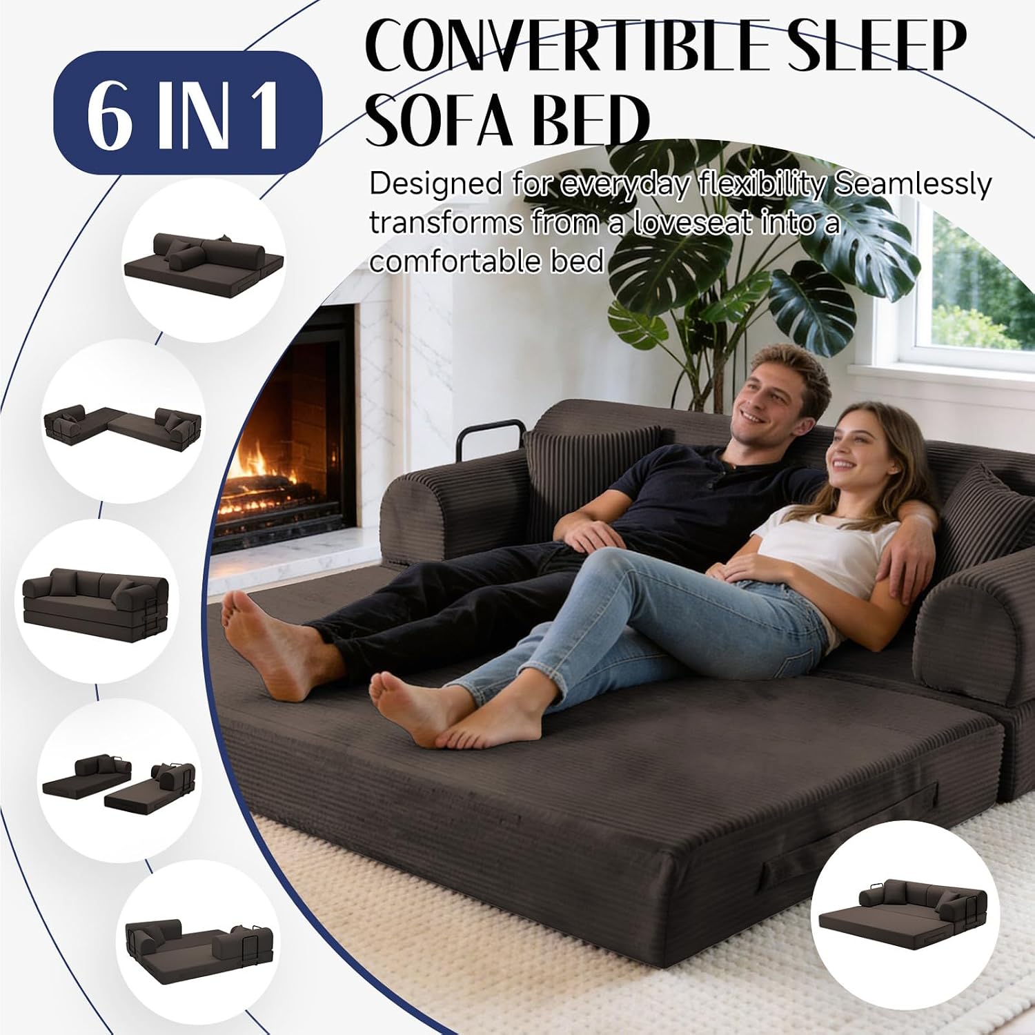 79'' Convertible Sofa Bed, 6 in 1 Folding Floor Futon Couch Sleeper with Fixed Frame, Corduroy Modular Sofa Bed with Removable Armrests & Pillows, No Assembly for Living Room Bedroom (Brown)