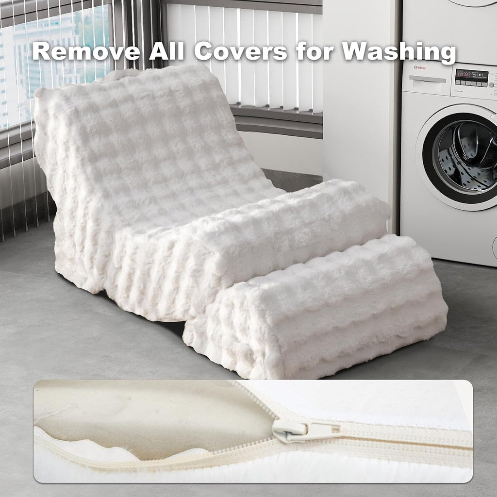 3-in-1 Adjustable Zero Gravity Floor Chair, Oversized Faux Fur Boneless Chair for Adults with Memory Foam & Washable Cover, Silent Rocker Recliner Lounge Chair for Reading, Nursing, Gaming, WhiteGrid