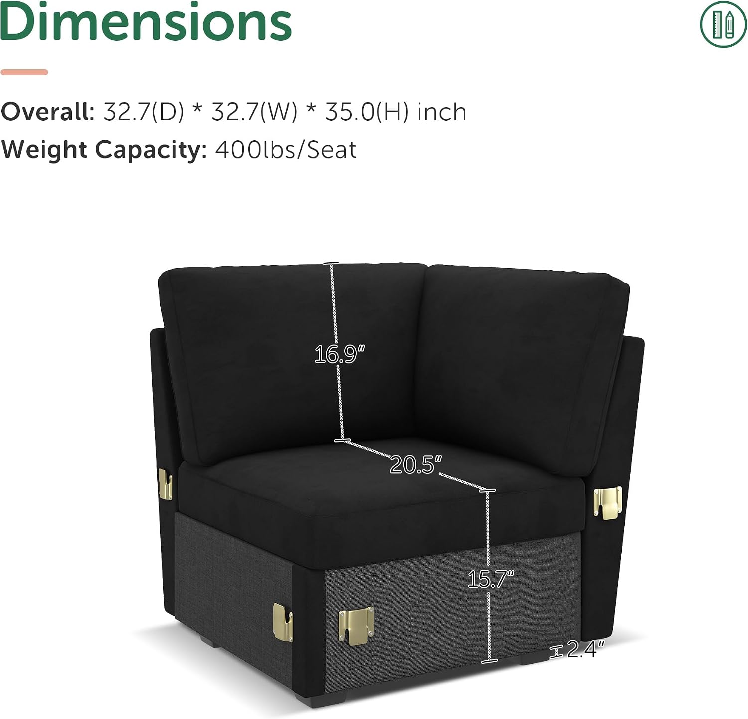 HONBAY Corner Seat for Sectional Sleeper Sofa, Corner Module for Modular Sleeper Couch with Pull Out Bed, Velvet Black