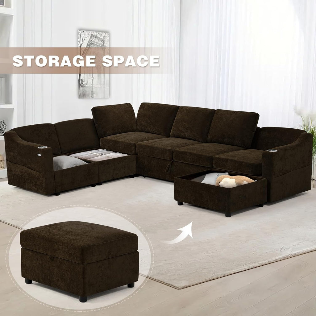 116' Chenille Modular Sofa Bed w/Adjustable Backrests, U-Shape Sleeper Sofa w/USB Ports & Storage Space, Convertible Corner Sectional Couch w/Pull Out Bed for House, Living Room, Brown