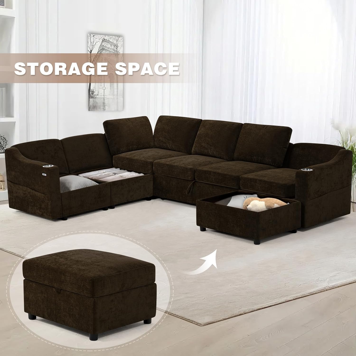 116' Chenille Modular Sofa Bed w/Adjustable Backrests, U-Shape Sleeper Sofa w/USB Ports & Storage Space, Convertible Corner Sectional Couch w/Pull Out Bed for House, Living Room, Brown
