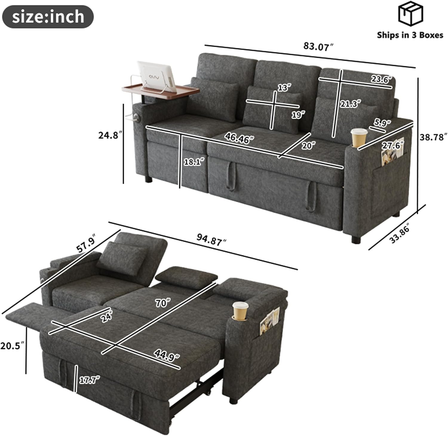 Sectional Sleeper Sofa with Pull Out Couch and Reclining Chair, Modern 3-in-1 Convertible Sleeper Sectional Couch that Turns Into Bed with Cup Holder, Laptop Table and USB Port for Living Room