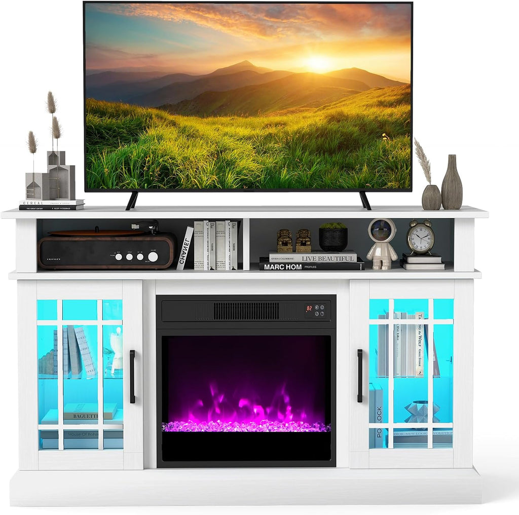 COSTWAY Electric Fireplace TV Stand for TVs Up to 55 Inches with LED Lights, 1400W Fireplace Insert with Remote, 48-Inch Wooden Media Entertainment Center with Adjustable Shelves, White