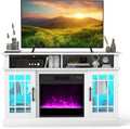 COSTWAY Electric Fireplace TV Stand for TVs Up to 55 Inches with LED Lights, 1400W Fireplace Insert with Remote, 48-Inch Wooden Media Entertainment Center with Adjustable Shelves, White