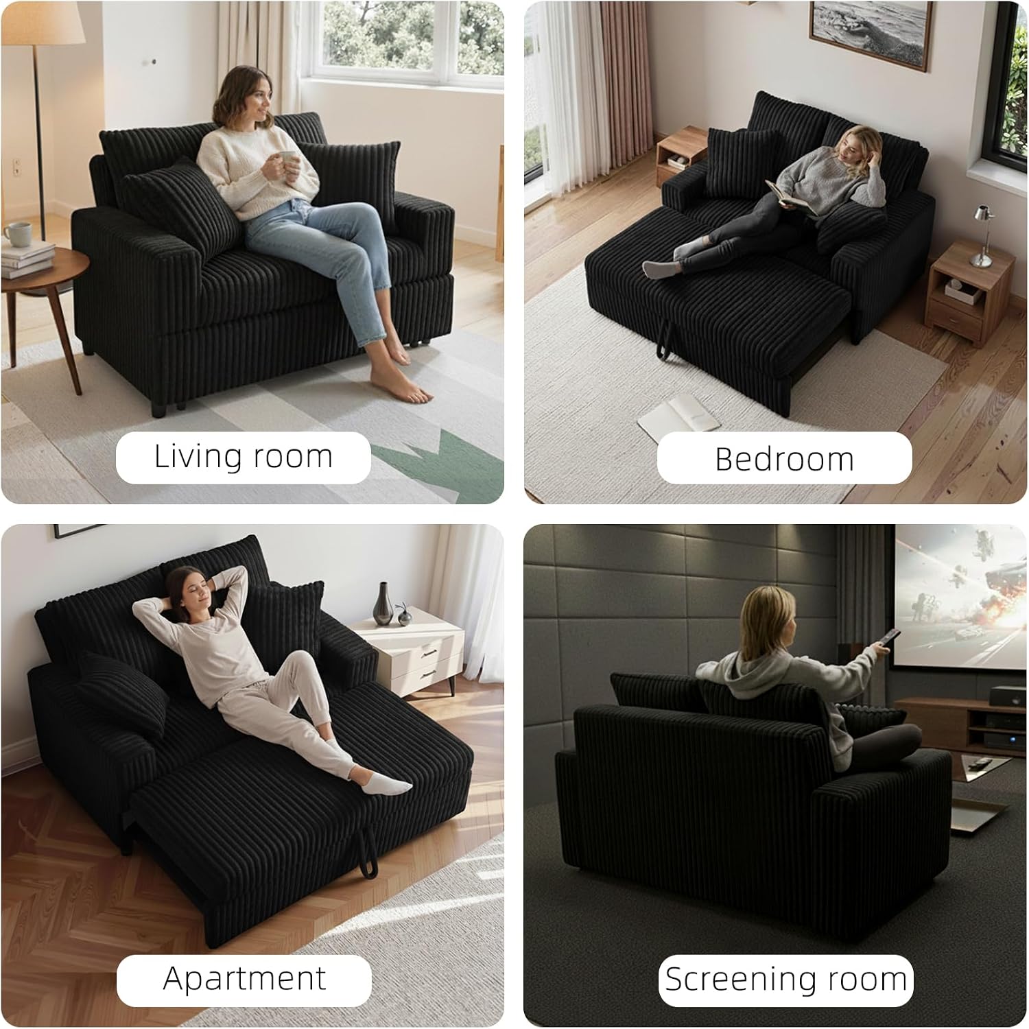 3 in 1 Convertible Sofa Bed，52.8' Pull Out Couch with Side Pockets，Modern Corduroy Fabric Loveseat Sleeper Sofa with Adjustable Backrest for Living Room Bedroom Apartment (Black Corduroy)