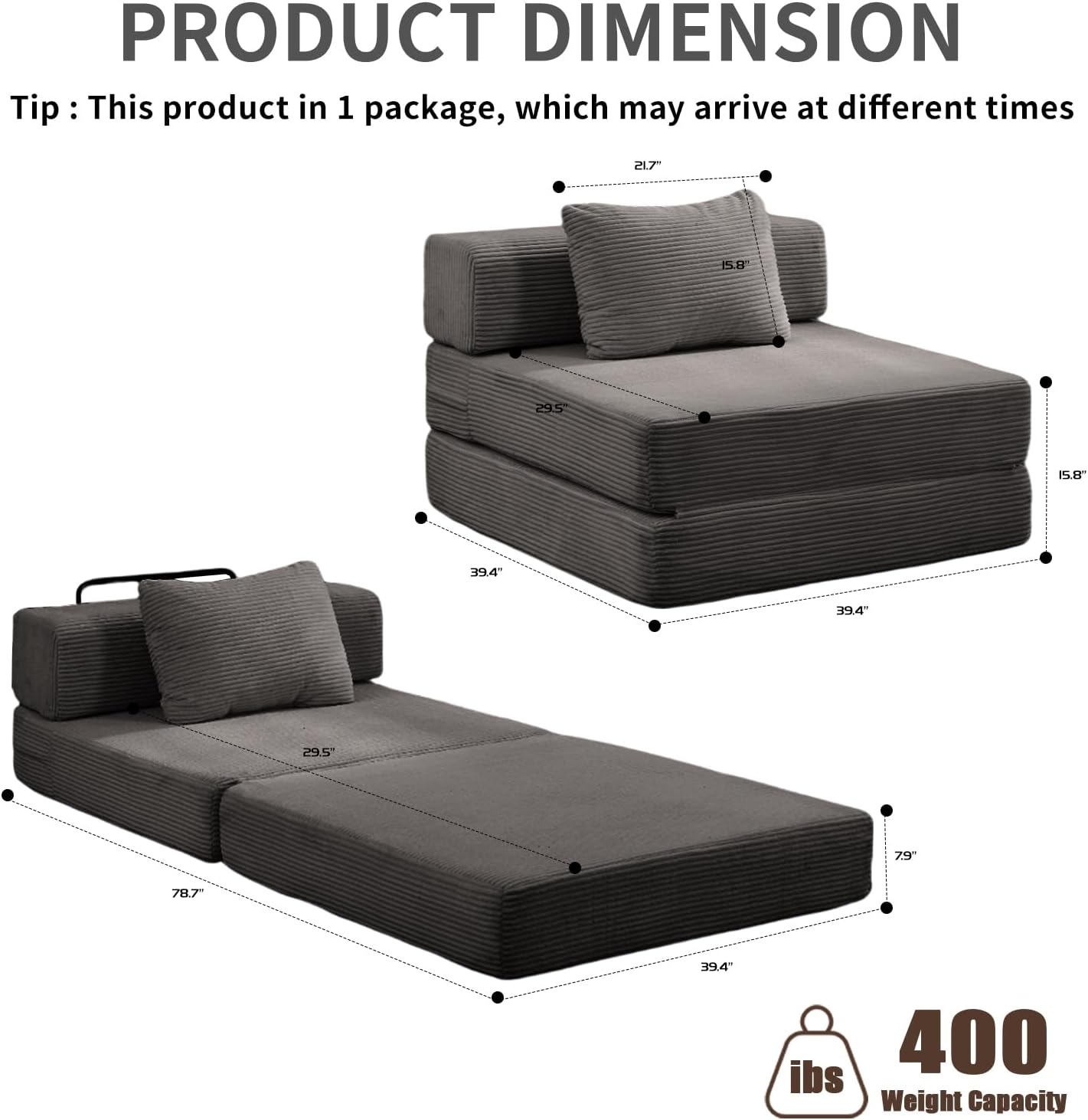 Folding Sofa Bed, Convertible Sleeper Chair with Pillow, Single Sofa with Back Support, Portable Fold Out Chair Cloud Couch Bed, Comfy Floor Sofa Lounge for Living Room Bedroom, Dark Grey