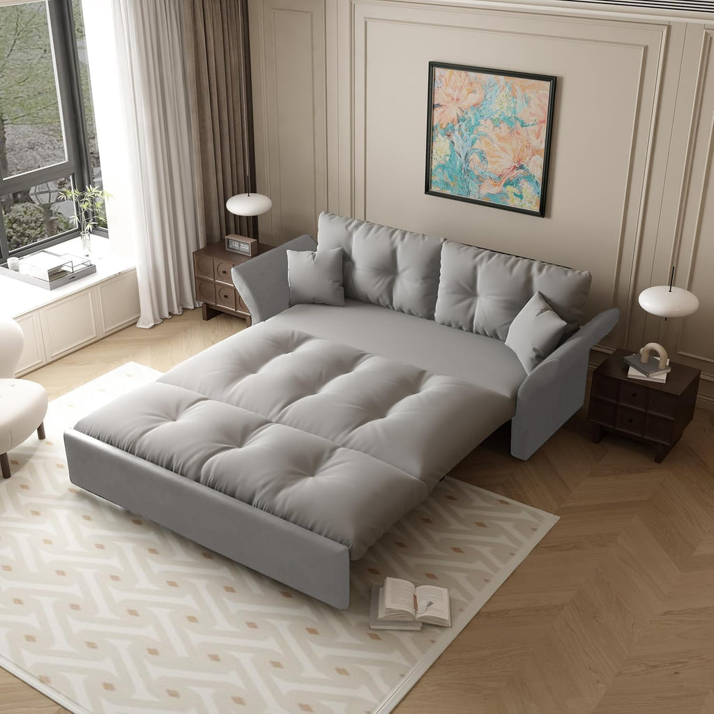 74.8' Queen Size Sleeper Sofa with Pull Out Bed, 3-in-1 Convertible Loveseat Sofa with 2 Pillows, Portable Pull Out Chaise for Living Room Apartment Small Spaces, Grey