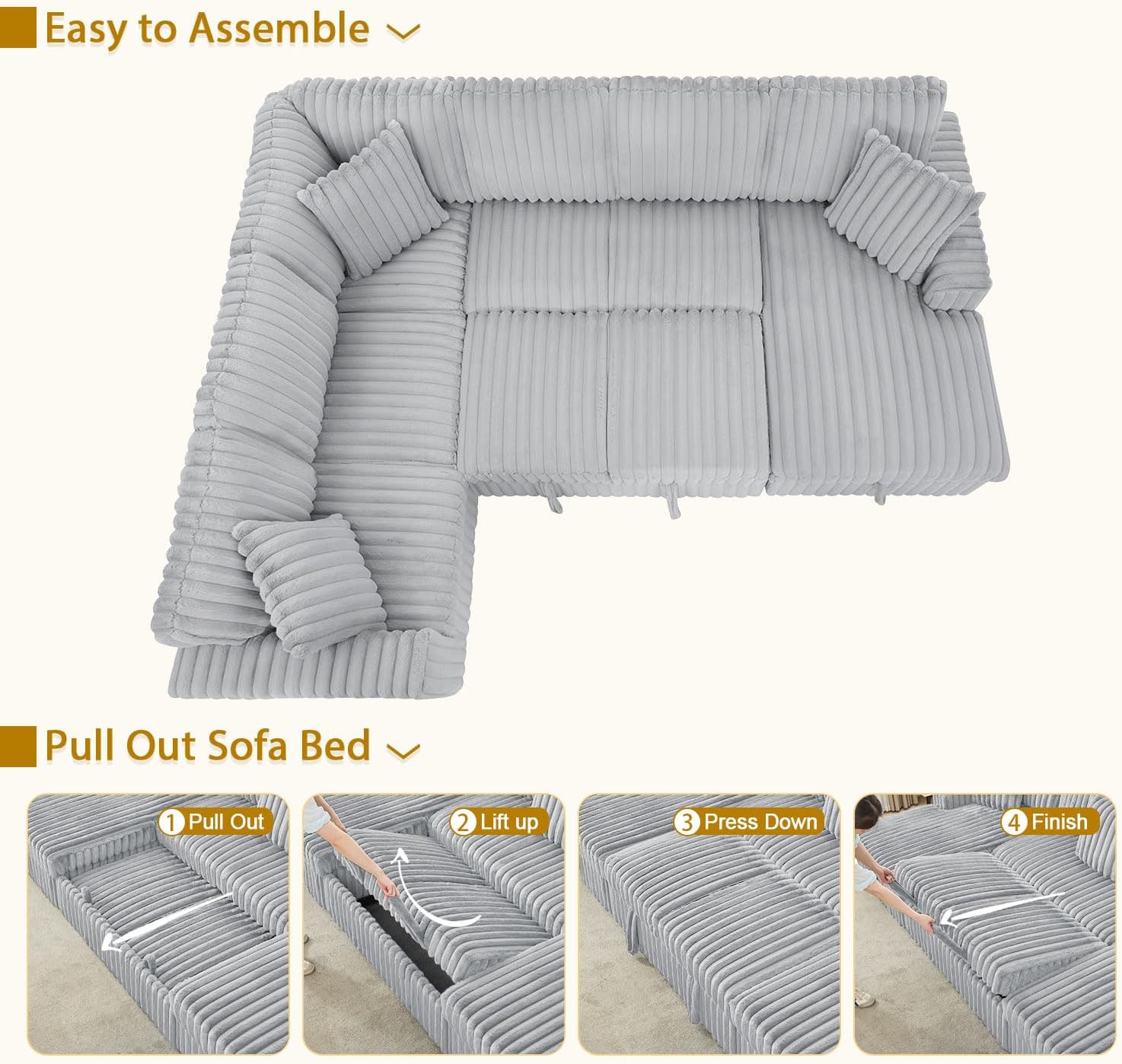 Oversized Sectional Sleeper Sofa with Pull Out Bed,3 Pillows,Type-C USB Port,Storage Chaise Lounge,U-Shaped 7 Seat Fuzzy Rabbit Plush Large Sectional Sofa Bed for Living Room,122 Inch,Grey