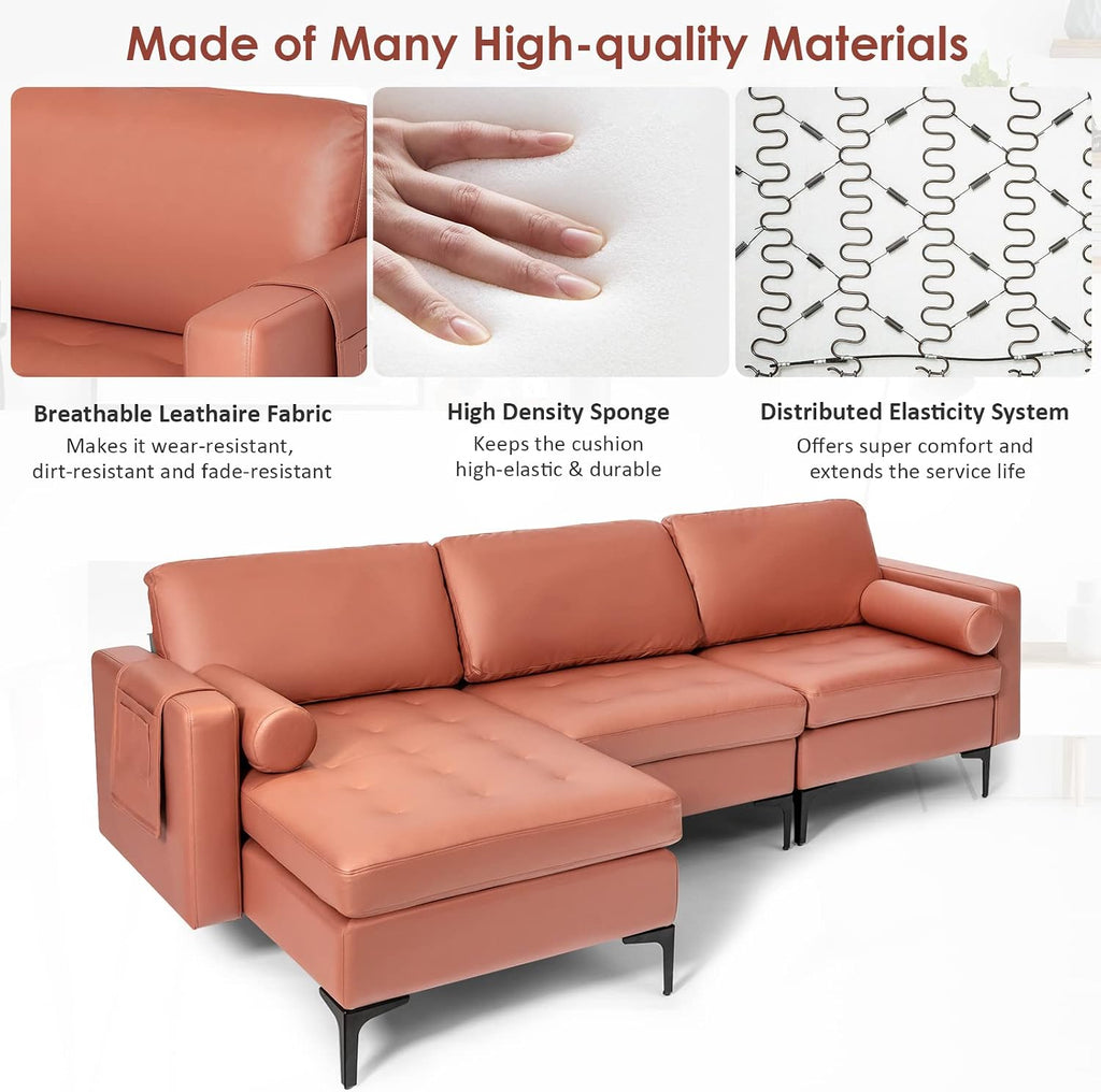 Giantex 97' Large Couch, 3 Seat Sectional Sofa Set, L-Shaped Modular Sleeper with Convertible Chaise Lounge, USB Ports, 3-Hole Socket, Storage Box, 2 Bolsters, Family Apartment Living Room