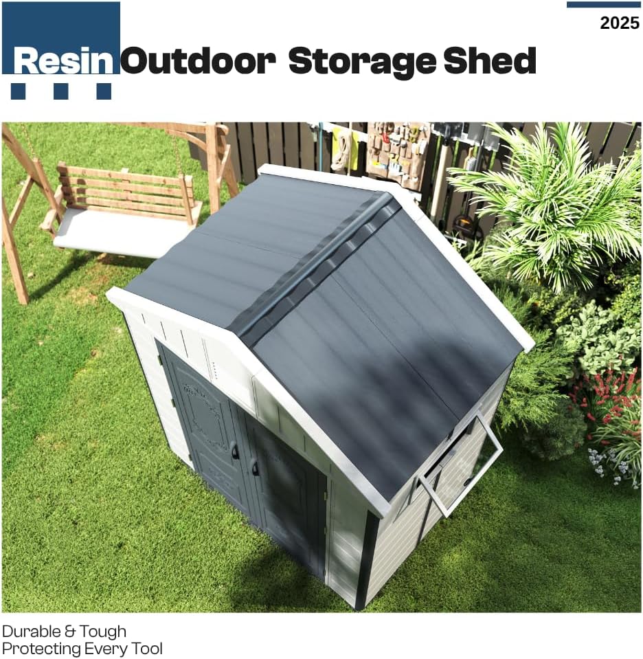 6x4 FT HDPE Resin Outdoor Storage Shed with Reinforced Floor, Injection-Molded Plastic Garden Bike Tool Shed, All-Weather Resistant, Lockable Doors & Window for Backyard Patio