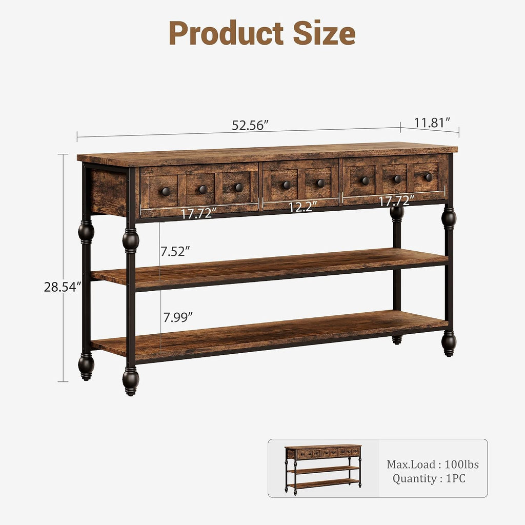 Garvee Console Sofa Table 53 in, Entryway Table with 3 Drawers, 3 Tier Metal Sofa Table, Open Shelf Behind Couch Table for Hallway, Living Room, Roman Column Design, Rustic Brown