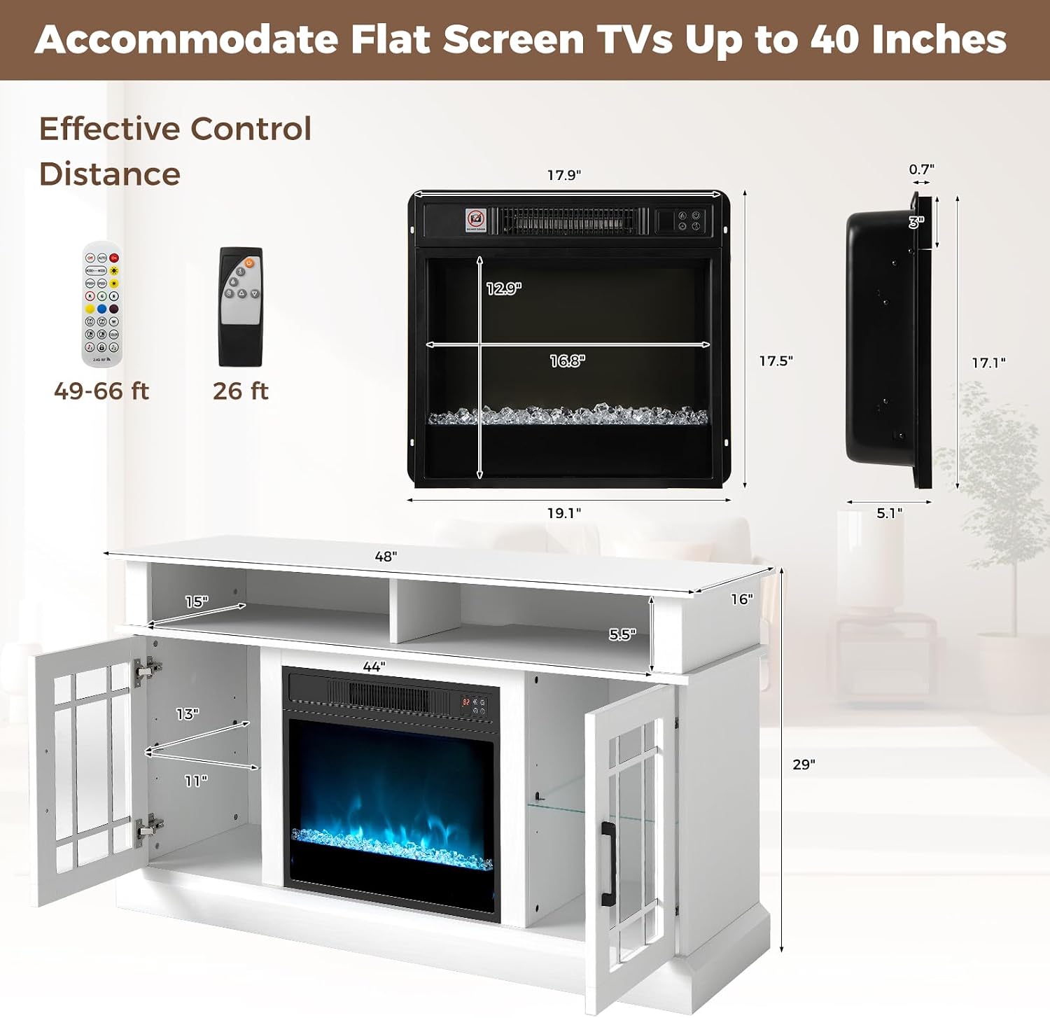 COSTWAY Electric Fireplace TV Stand for TVs Up to 55 Inches with LED Lights, 1400W Fireplace Insert with Remote, 48-Inch Wooden Media Entertainment Center with Adjustable Shelves, White