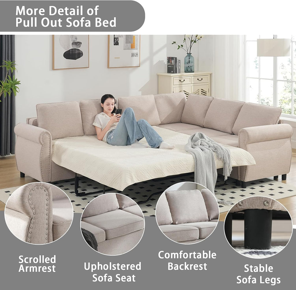 104'' Sleeper Sofa Bed Queen, L Shaped Sectional Sofa with Pull Out Couch Bed, Queen Size 6 Seater Couch with Memory Foam Mattress, Sectional Couches for Living Room Furniture Set, Beige