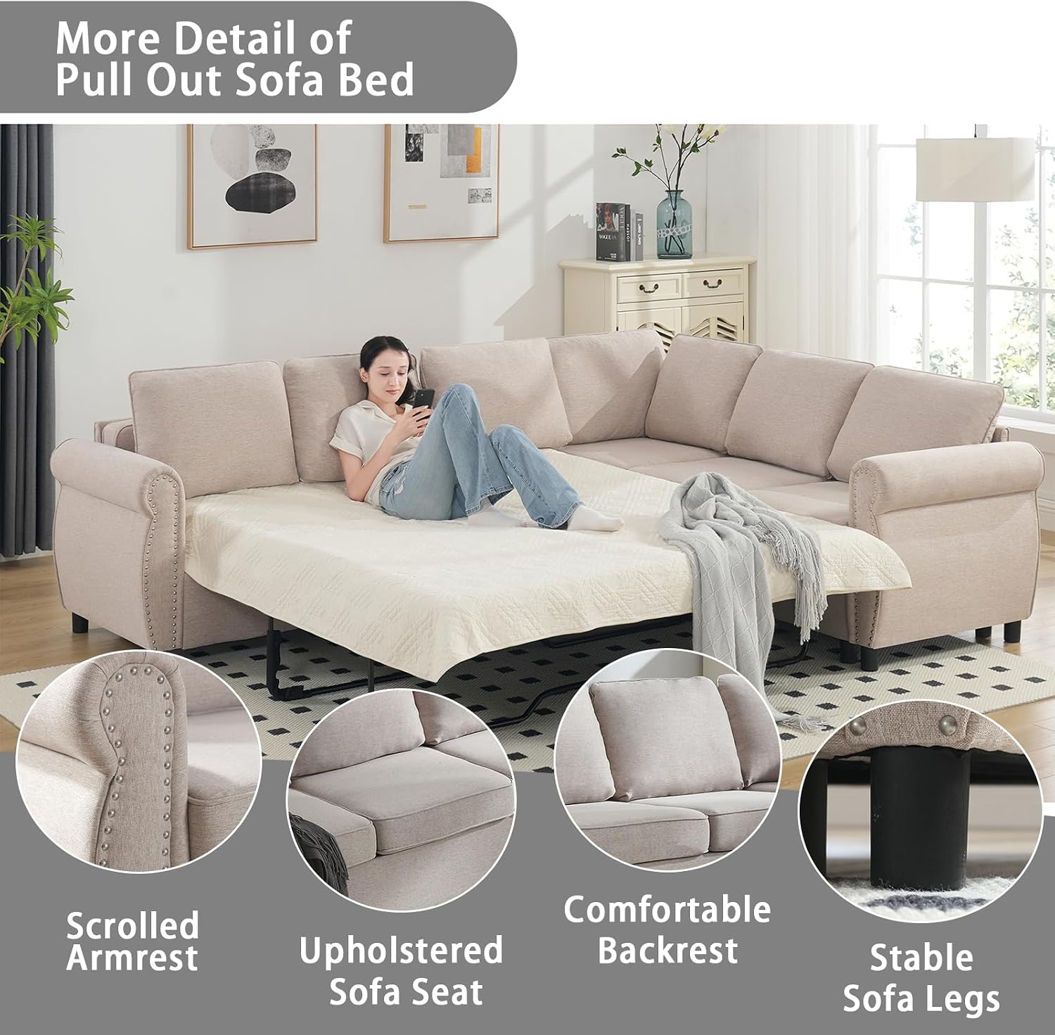 104'' Sleeper Sofa Bed Queen, L Shaped Sectional Sofa with Pull Out Couch Bed, Queen Size 6 Seater Couch with Memory Foam Mattress, Sectional Couches for Living Room Furniture Set, Beige