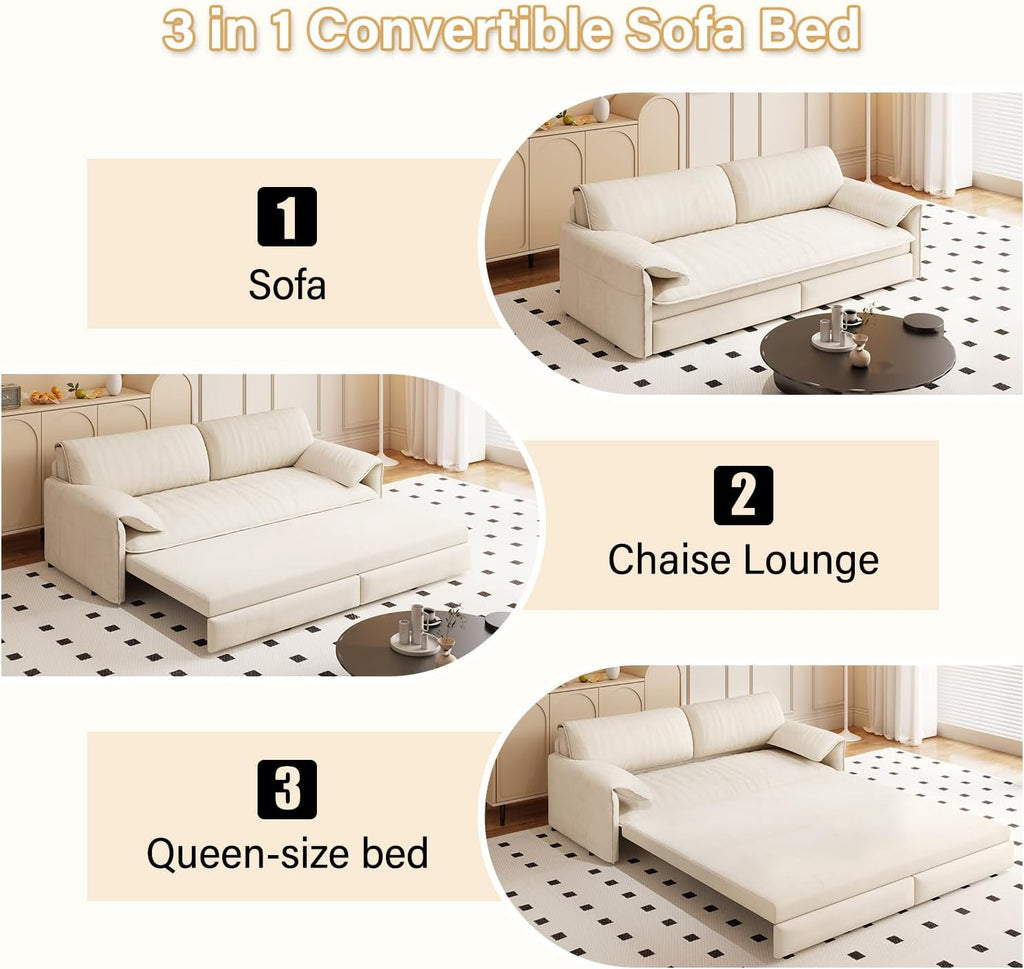 66'' Velvet Queen Size Pull Out Sofa Bed, 3-in-1 Convertible Loveseat Sleeper Sofa with Armrest for Living Room, Apartment, Space Saving, Beige
