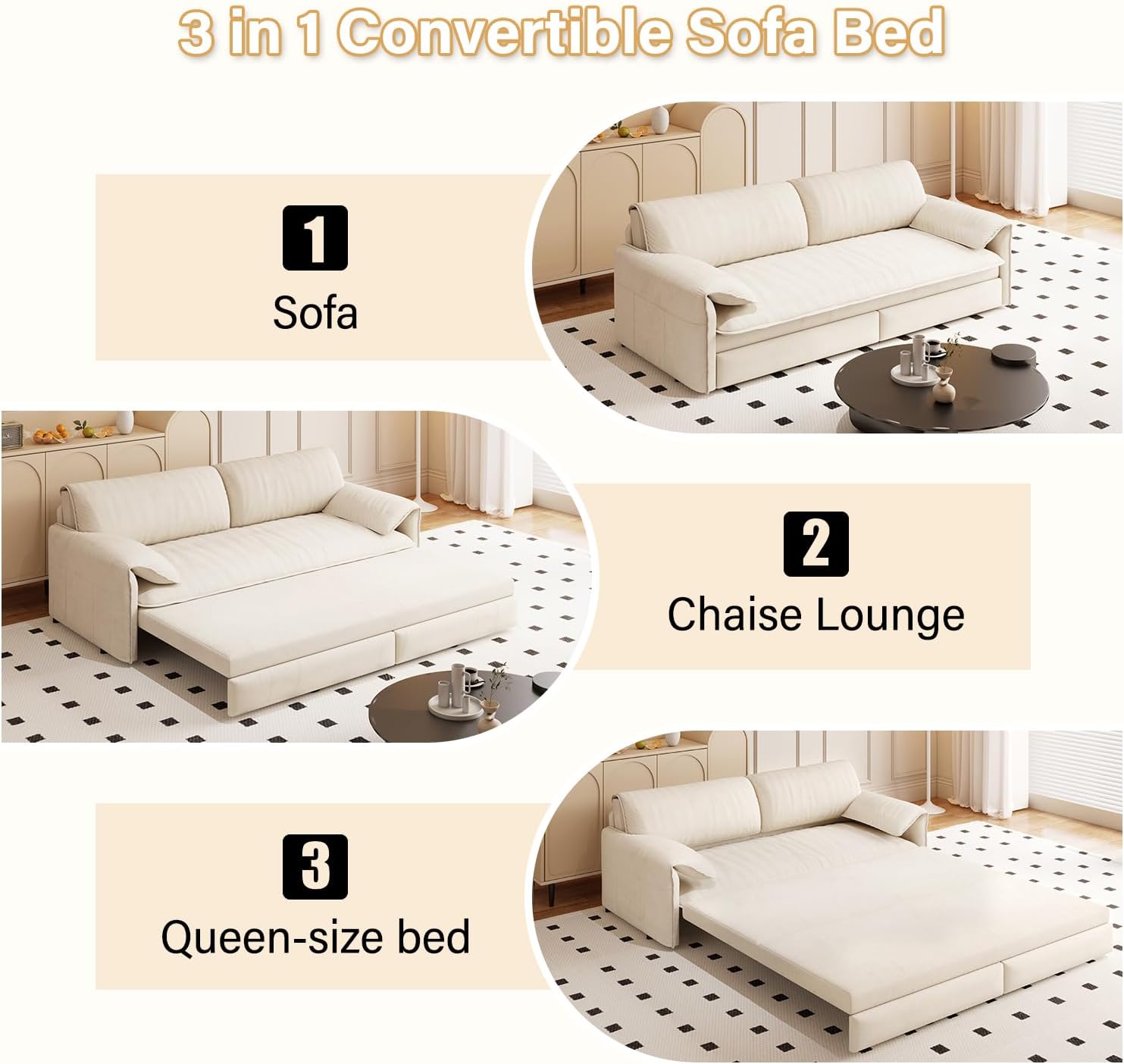 66'' Velvet Queen Size Pull Out Sofa Bed, 3-in-1 Convertible Loveseat Sleeper Sofa with Armrest for Living Room, Apartment, Space Saving, Beige