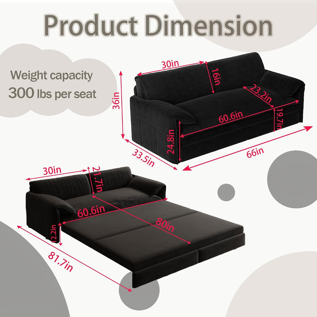 66' Queen Size Pull Out Sofa Bed, 3-in-1 Convertible Sleeper with Side Storage and Wheels, Velvet Loveseat for Living Room, Apartment, Bedroom, Black (Mattress & Bedding Not Included)