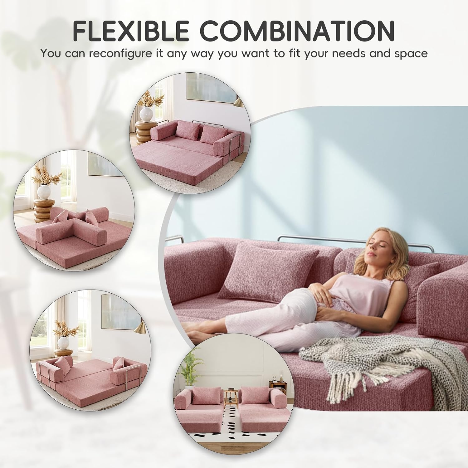 5-in-1 Convertible Folding Sofa Bed, 79' Queen Chenille Boneless Couch with Removable Armrests, No Assembly Loveseat Sleeper Sofa, Modular Futon Couch for Living Room & Bedroom (Pink)