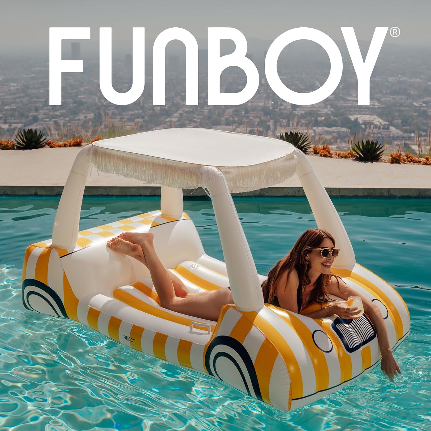 FUNBOY Yellow & White Cabana Striped Golf Cart Pool Float 90' Long, Two Cup Holders, Removable Fringe Shade, Float for Summer Pool Party and Entertainment