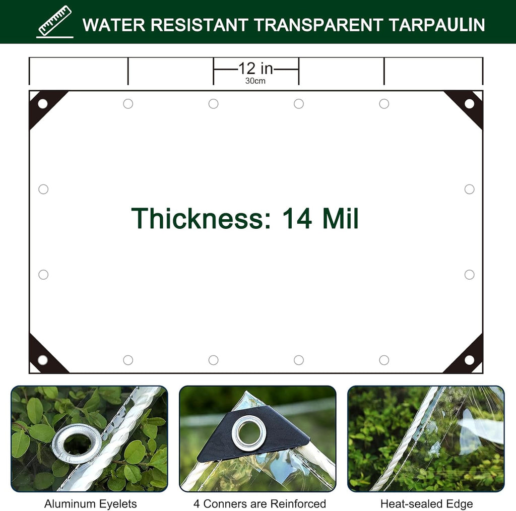 Clear Tarp with Grommets,10x20ft Transparent Heavy Duty Water Resistant Tarp Cover with Reinforced Edge,14Mil Thickened Tear Resistant PVC Vinyl Tarpaulin Enclosure for Patio,Porch and Outdoor